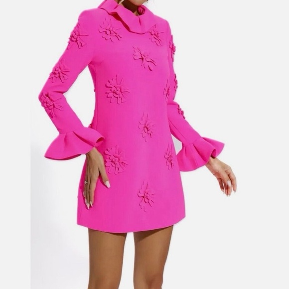 Bright Pink Mini Dress with Floral Appliqué Detail - Picture 4 of 4